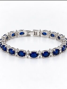 Blue Oval CZ Tennis Bracelet 20CT 7in Silver Tone Luxury Statement Jewelry